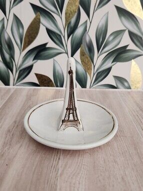 Vintage Style Ceramic Eiffel Tower Ring Dish Ivory & Gold Trim